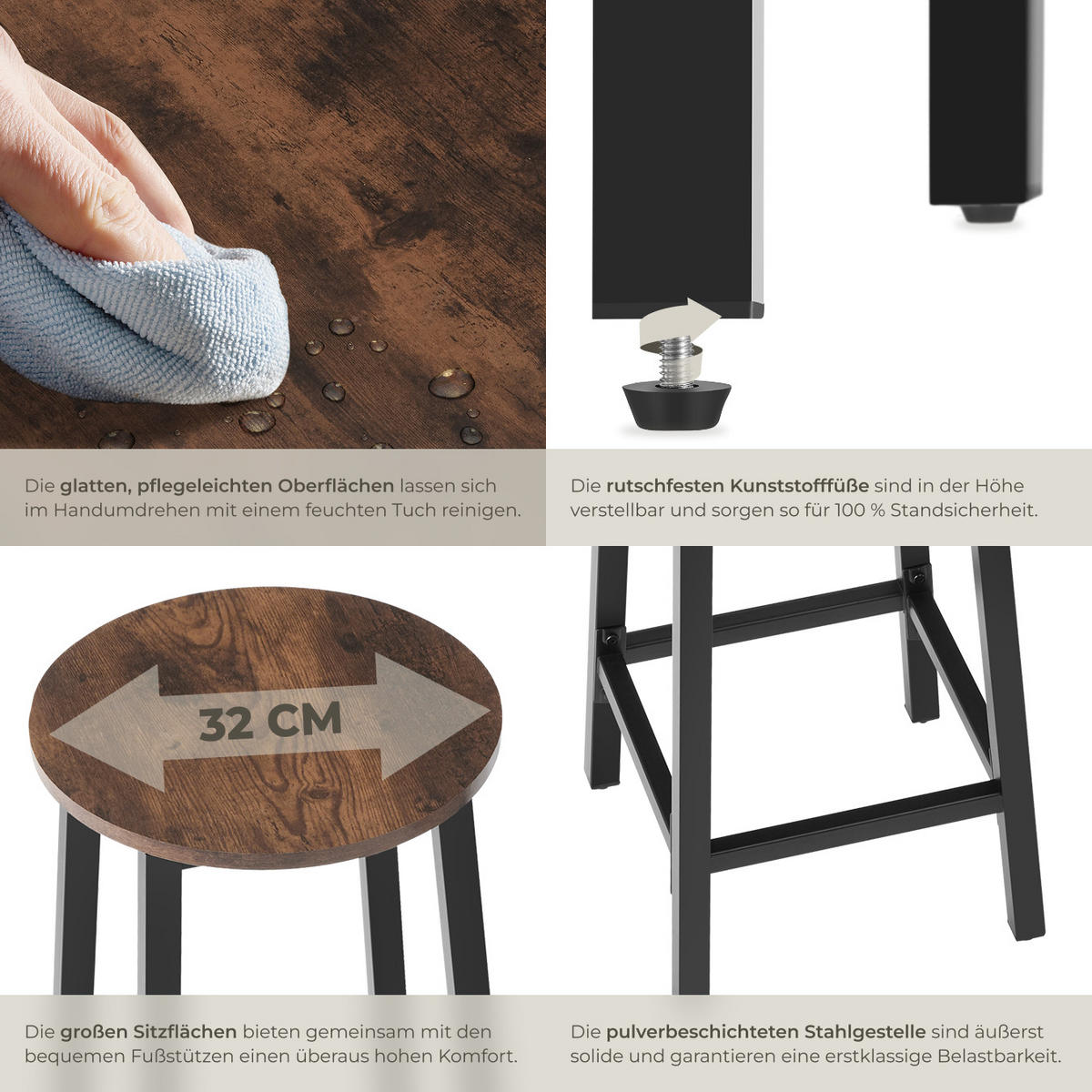 BARHOCKER 2er Set Corby,Sitzhöhe 66 cm,Industrial Holz dunkel - Rostfarben, Holz (32/66/32cm) - tectake