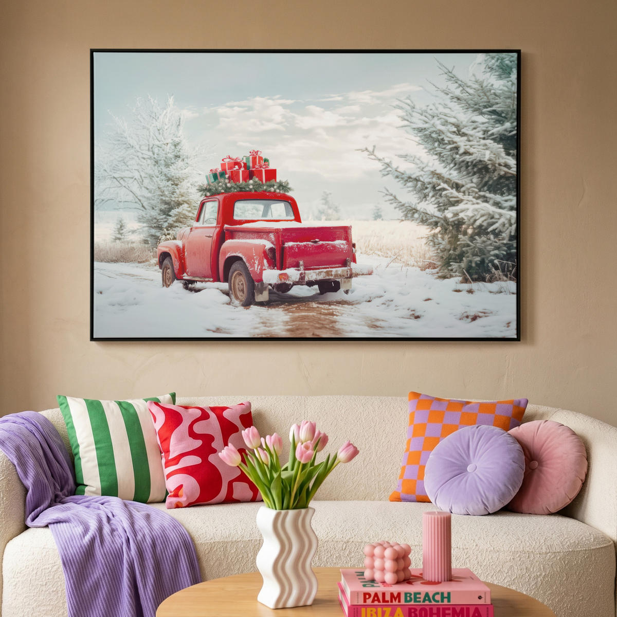 LEINWAND Bilder mit Rahmen - Auto - Rot - Geschenke - Winter - Schnee - Weihnachten - 120x80 - Rot, Textil (120/80cm) - MuchoWow
