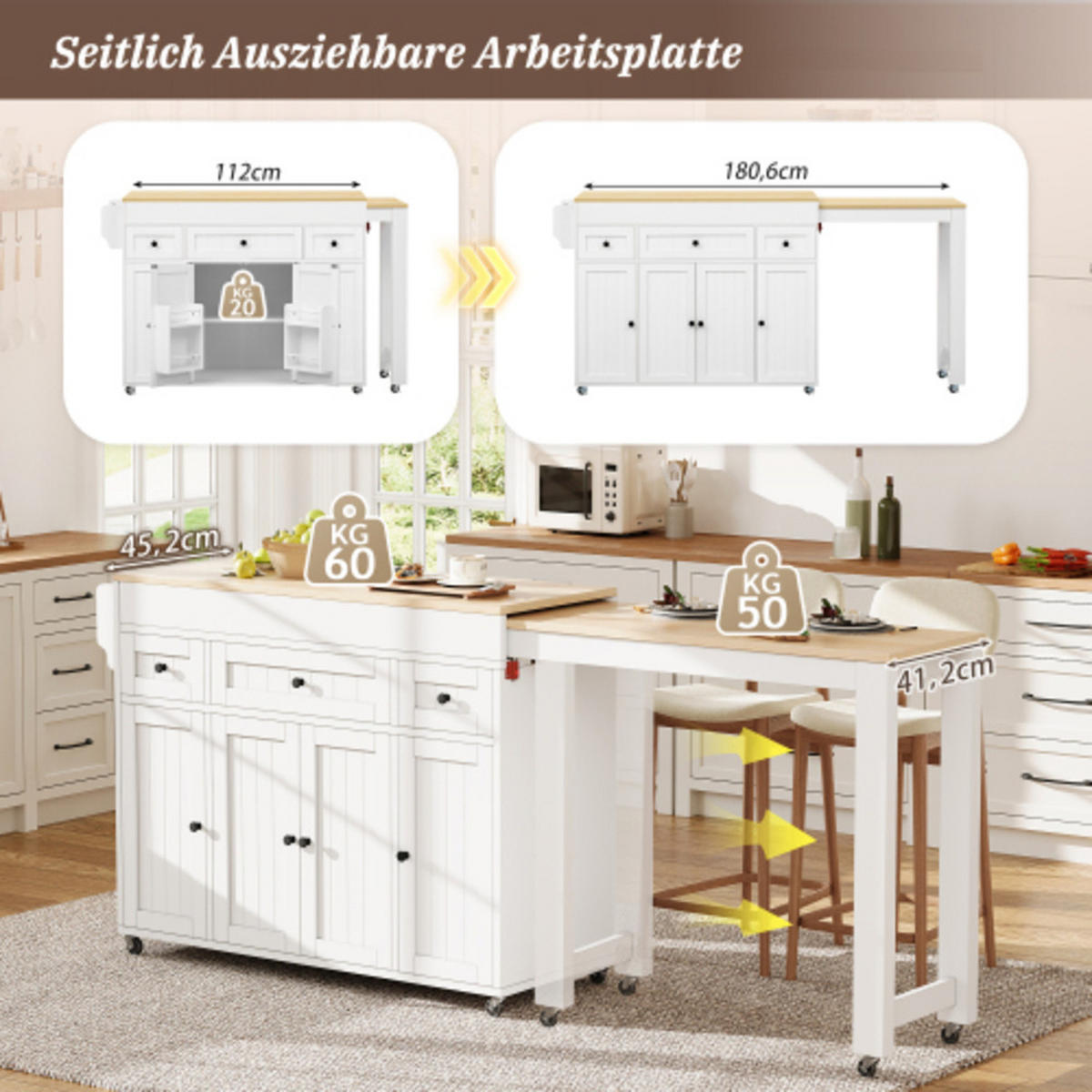 KÜCHENINSEL mit seitlich ausziehbarer Arbeitsplatte weiß-natur 137-190,6×45,2×92 cm aus MDF - Weiß, Holzwerkstoff (190.6/92/45.2cm) - Luhomfu