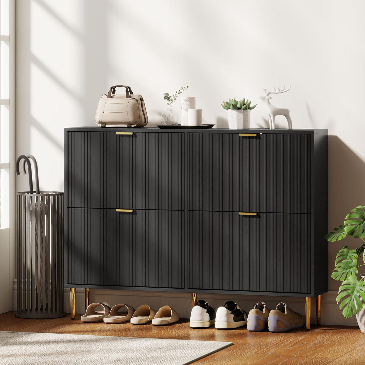 SCHUHKIPPER DE-15073 4 Klapp-Schubladen, geriffelte Türen Schwarz - Schwarz, Holzwerkstoff (105/91.5/24cm) - ComfortXL
