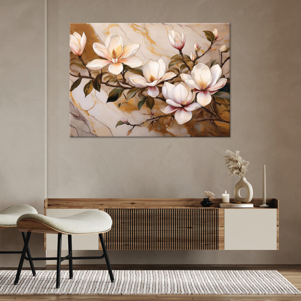 WANDBILD magnolien blumen pflanzen marmor gold - Beige, Textil (60/40cm) - Feeby