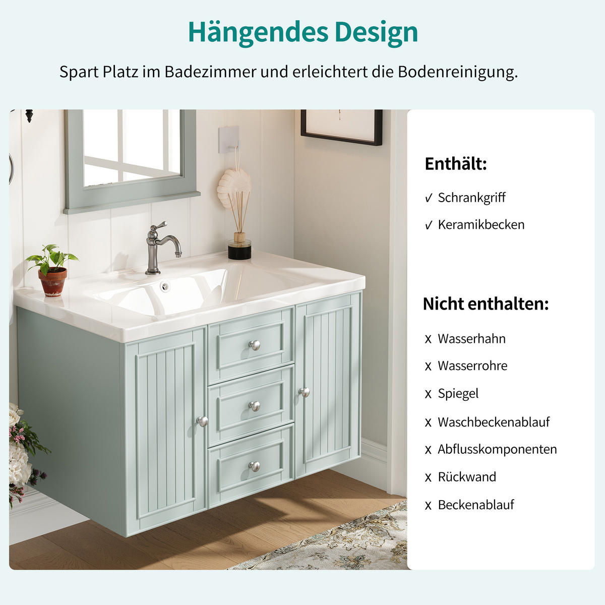 WASCHTISCH 78.5x46x46.8cm Grün Mit 3 Schubladen & Waschbecken - Grün, Holzwerkstoff (46/46.8/78.5cm) - FLIEKS