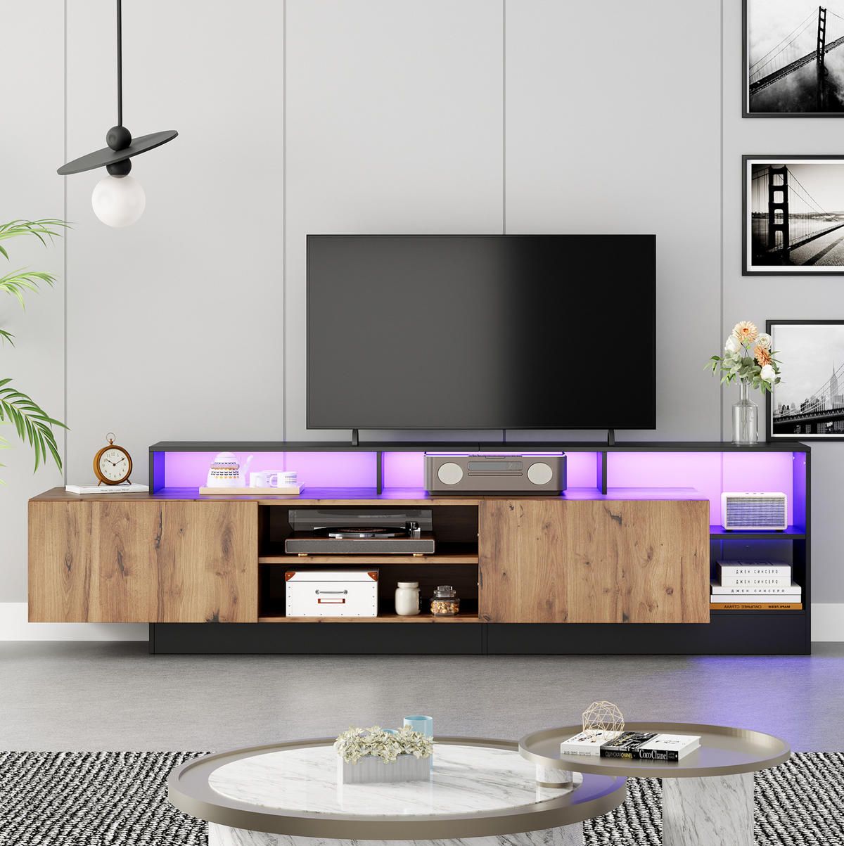 TV-SCHRANK mit LED 190 x 40 x 48,5 cm Spanplatte Black/Oak - Schwarz, Holzwerkstoff (190/48.5/40cm) - Beauniv