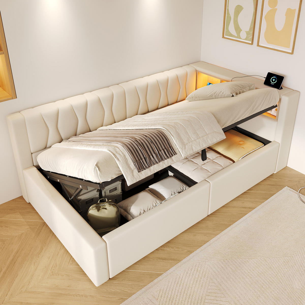 TAGESBETT 90x200cm Schlafsofa Hydraulik LED USB Beige - Beige, Naturmaterialien (90/200cm) - FLIEKS