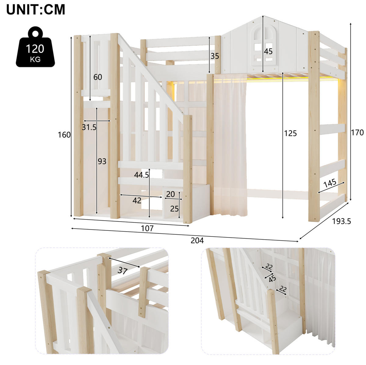 HOCHBETT aus Kiefer und MDF 140x200 cm Weiß/Natur mit LED-Beleuchtung, Ablageleiter, Gaze und Schlossdesign - Weiß, Holzwerkstoff (70/180cm) - Modfu