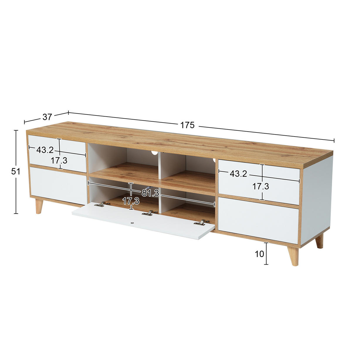 TV-ELEMENT mit 4 Türen 175 x 37 x 51 cm MDF Weiß und Holzoptik - Weiß, Holzwerkstoff (37/51/175cm) - Beauniv