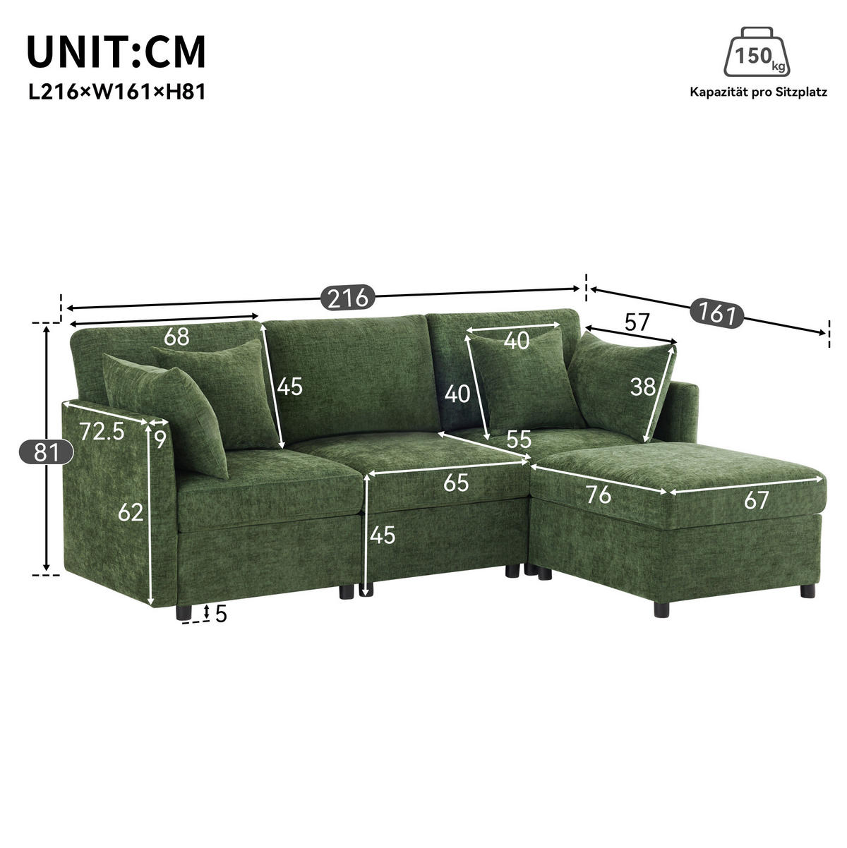 ECKSOFA aus Chenille 216x161x81 cm in Grün mit modularem Hocker - Grün, Textil (161/216cm) - Modfu
