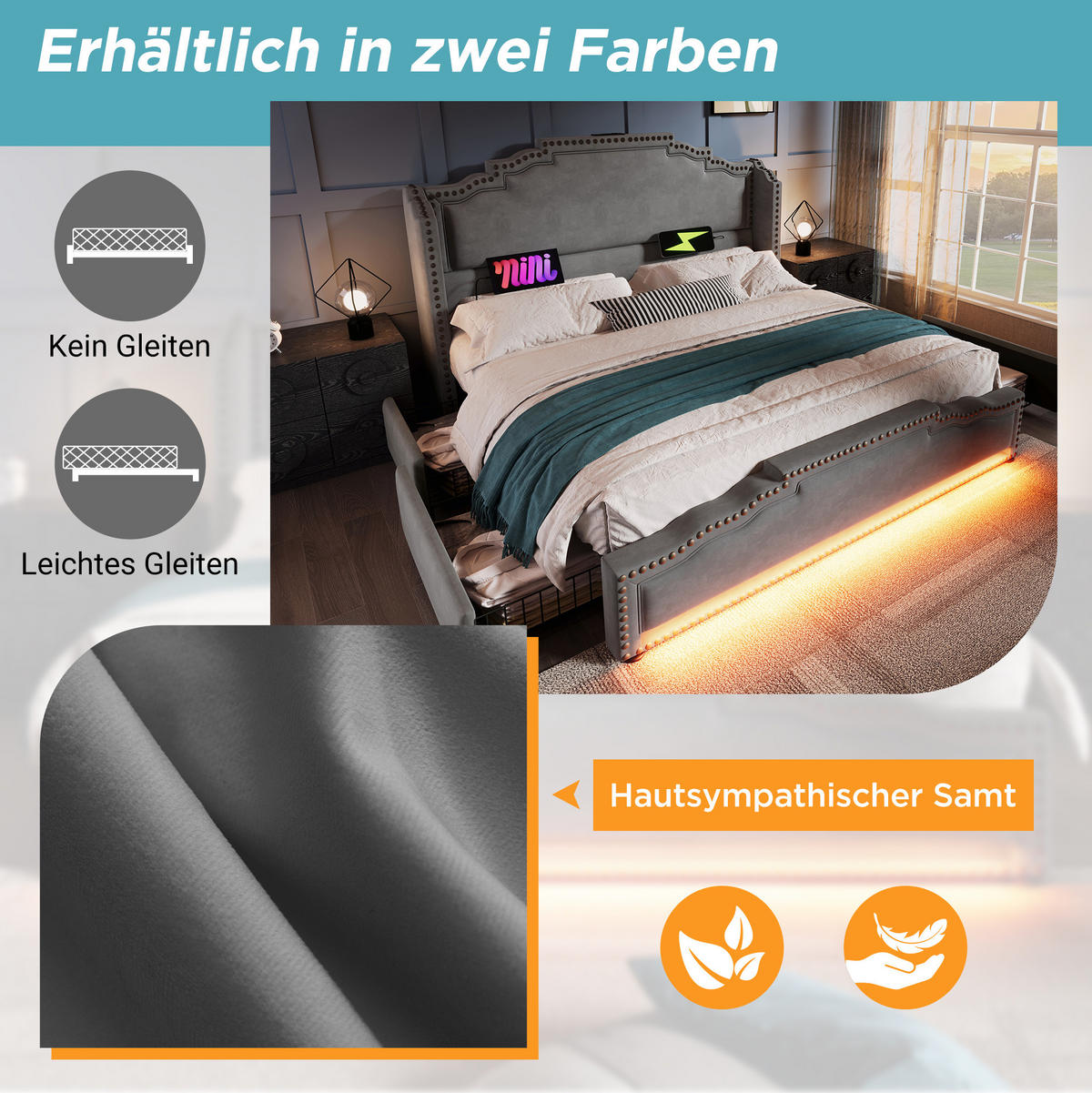 POLSTERBETT 140/200 cm mit 4 Schubladen, LED-Beleuchtung, USB- und Type-C-Anschluss, Samt, Grau - Grau, Textil (140/200cm) - Redom