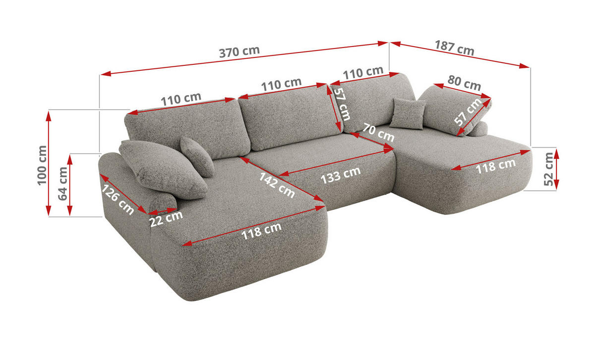 WOHNLANDSCHAFT CUBO U Hellgrau Struktur - Hellgrau/Schwarz, Kunststoff/Textil (370/100/187cm) - MKS
