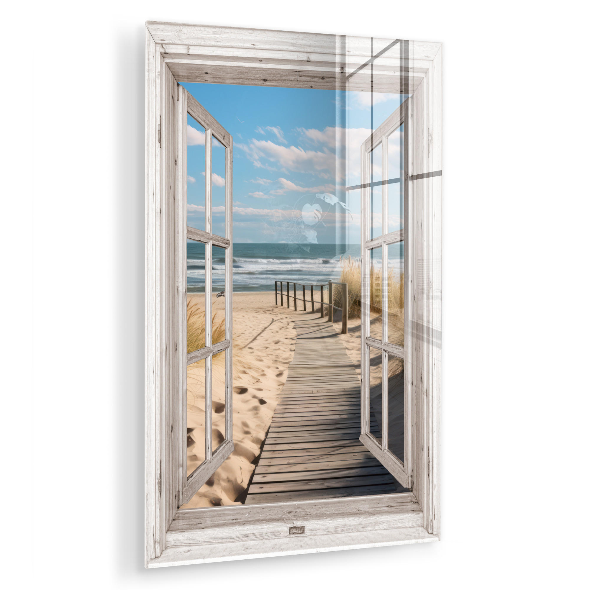 ACRYLGLASBILD Fenster - Meer - Küste - Natur - Ausblick - Strand - Wattenmeer 40x60 cm - Beige, Glas (40/60cm) - MuchoWow