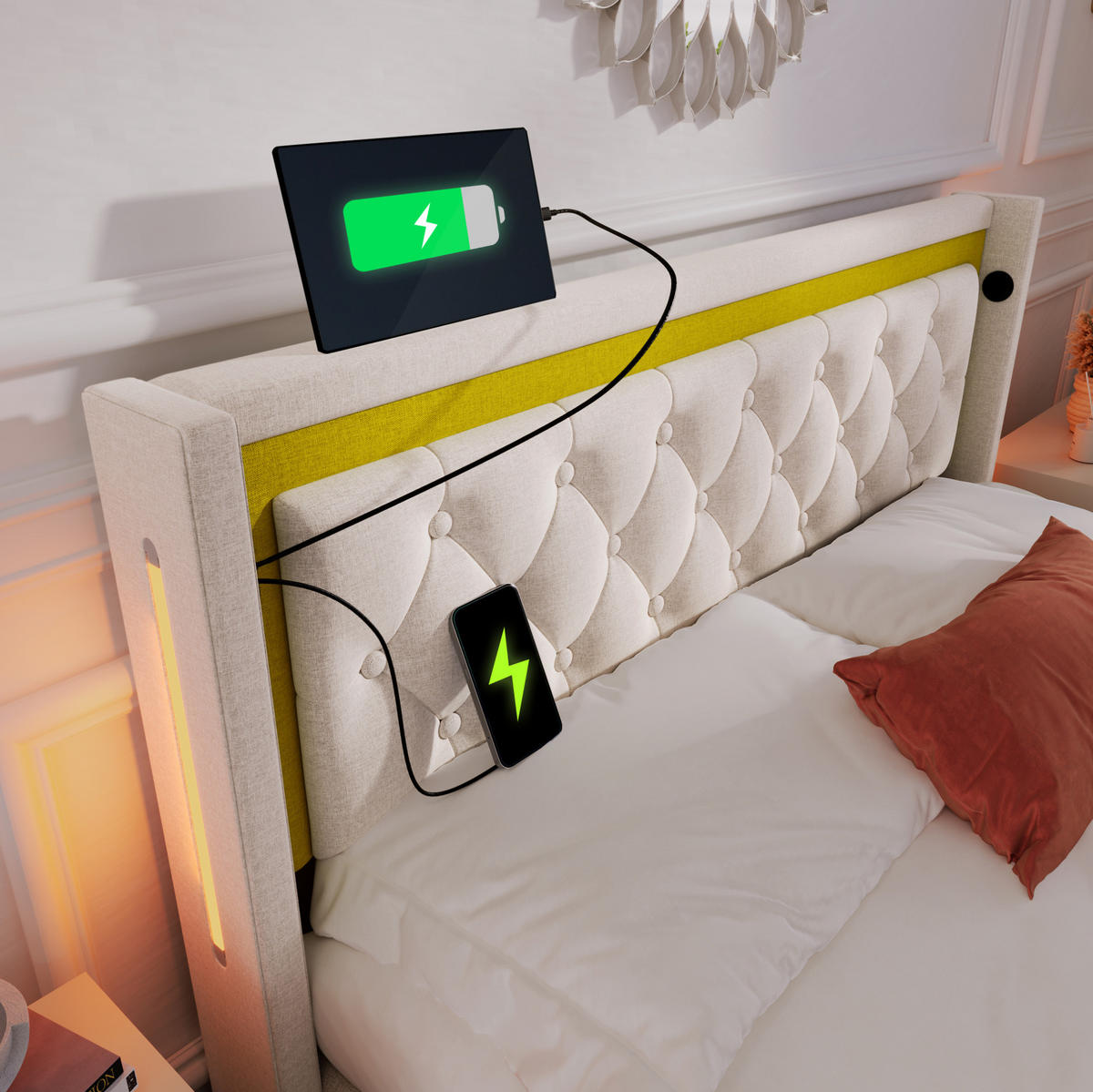 POLSTERBETT 140/200 cm Beige mit LED-Beleuchtung und USB-Typ-C-Ladefunktion - Beige, Textil (140/200cm) - OKWISH