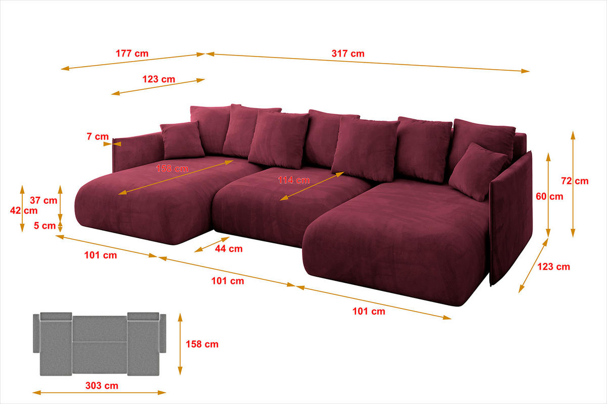 WOHNLANDSCHAFT mit Schlaffunktion und Bettkasten ONESK-U 317x177x72 Bordeauxrot Velours - Bordeaux, Holzwerkstoff/Kunststoff (317/72/177cm) - ALTDECOR