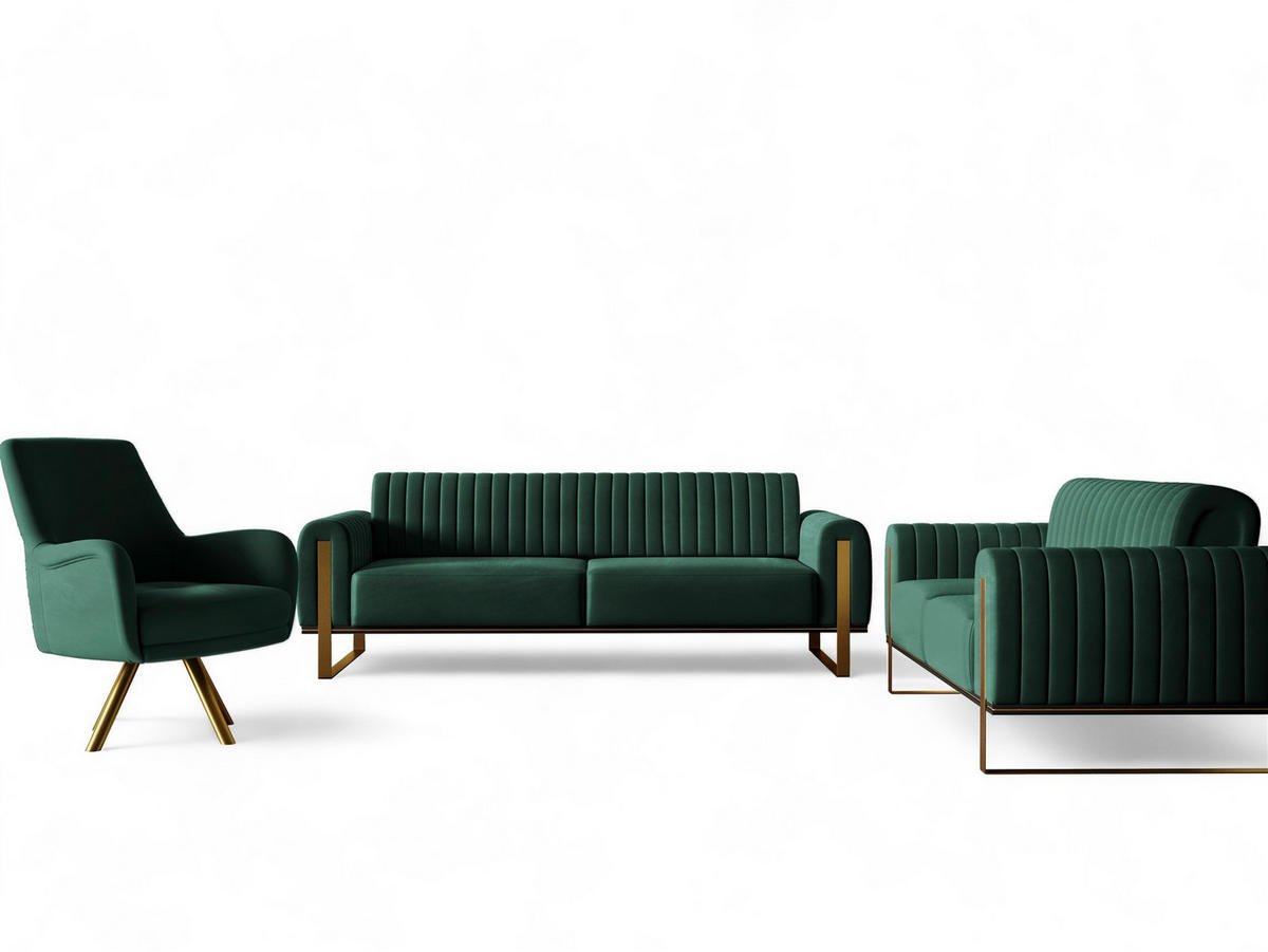 SOFASET Valerie 3-2 Und Drehsessel - Grün, Holzwerkstoff/Textil (228/79/90cm) - Fun Möbel