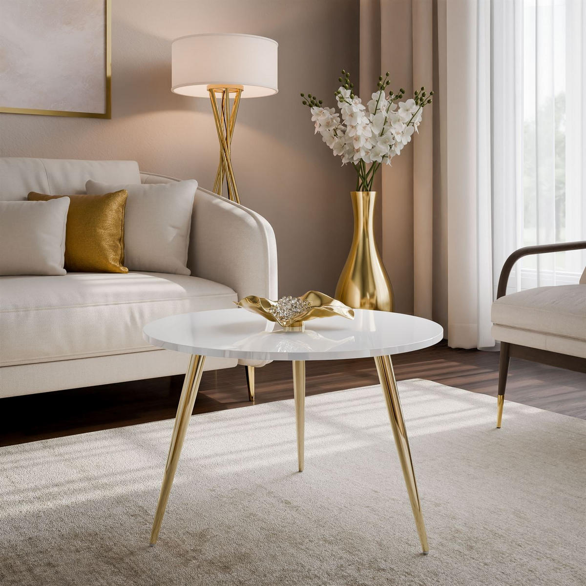COUCHTISCH SOLEIL II, rund und glänzend, auf goldenen Beinen und Weiß Hochglanz - Weiß, Holzwerkstoff (60/60/47cm) - Lookway