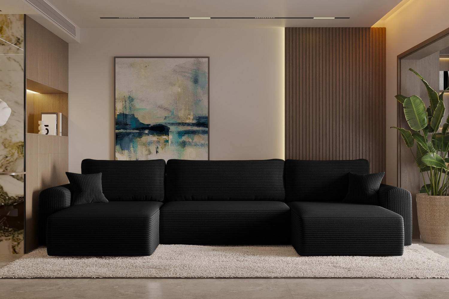 ECKSOFA Mit Schlaffunktion Und Bettkasten U-form CAPRI Poso Schwarz - Schwarz, Holz/Textil (145/362cm) - Kaiser Möbel