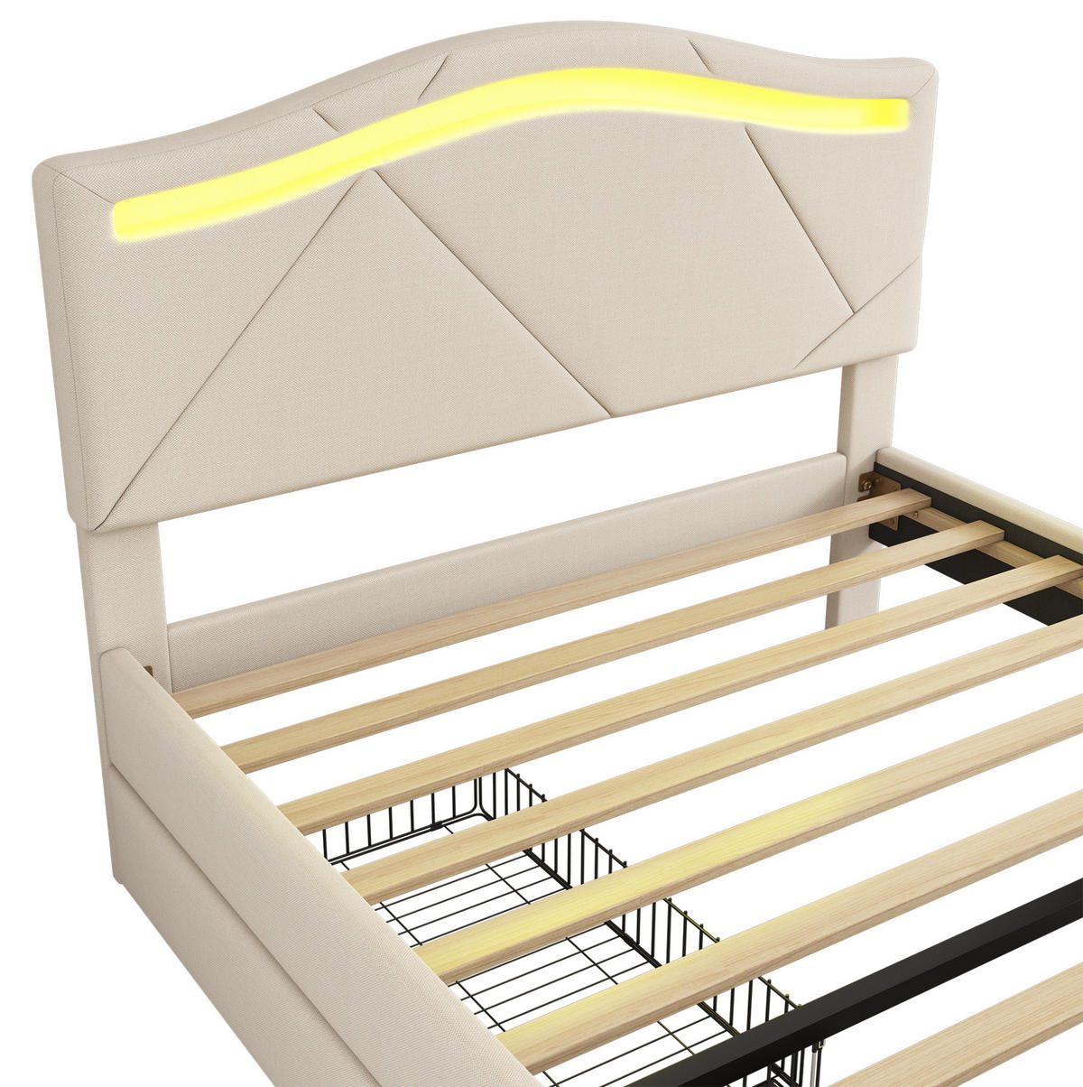 POLSTERBETT aus Leinen und MDF 90x200 cm Beige mit LED-Beleuchtung, 2 Schubladen und verstellbarem Kopfteil - Beige, Textil (90/200cm) - IVMEU