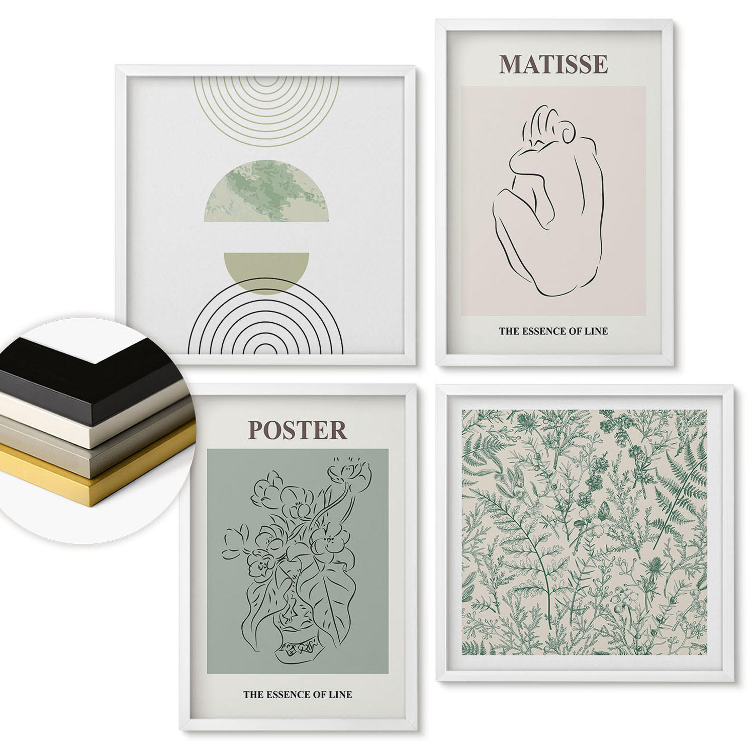 WANDBILDER 4er-Set - 50x50 cm & 40x60 cm Weißer Rahmen - Linien, Pflanzenmuster, Minimalismus - Weiß, Kunststoff (50/50cm) - ArtPrintCave