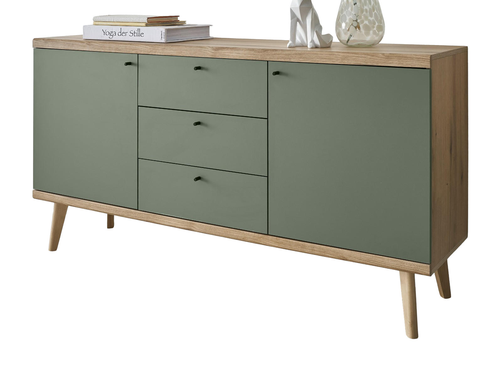 SIDEBOARD Salbei grün, Eiche Evoke, skandinavisch 160 cm, Kommode mit Vollauszug - Salbeigrün/Eichefarben, Holz/Holzwerkstoff (160/83/40cm) - Furn.Design