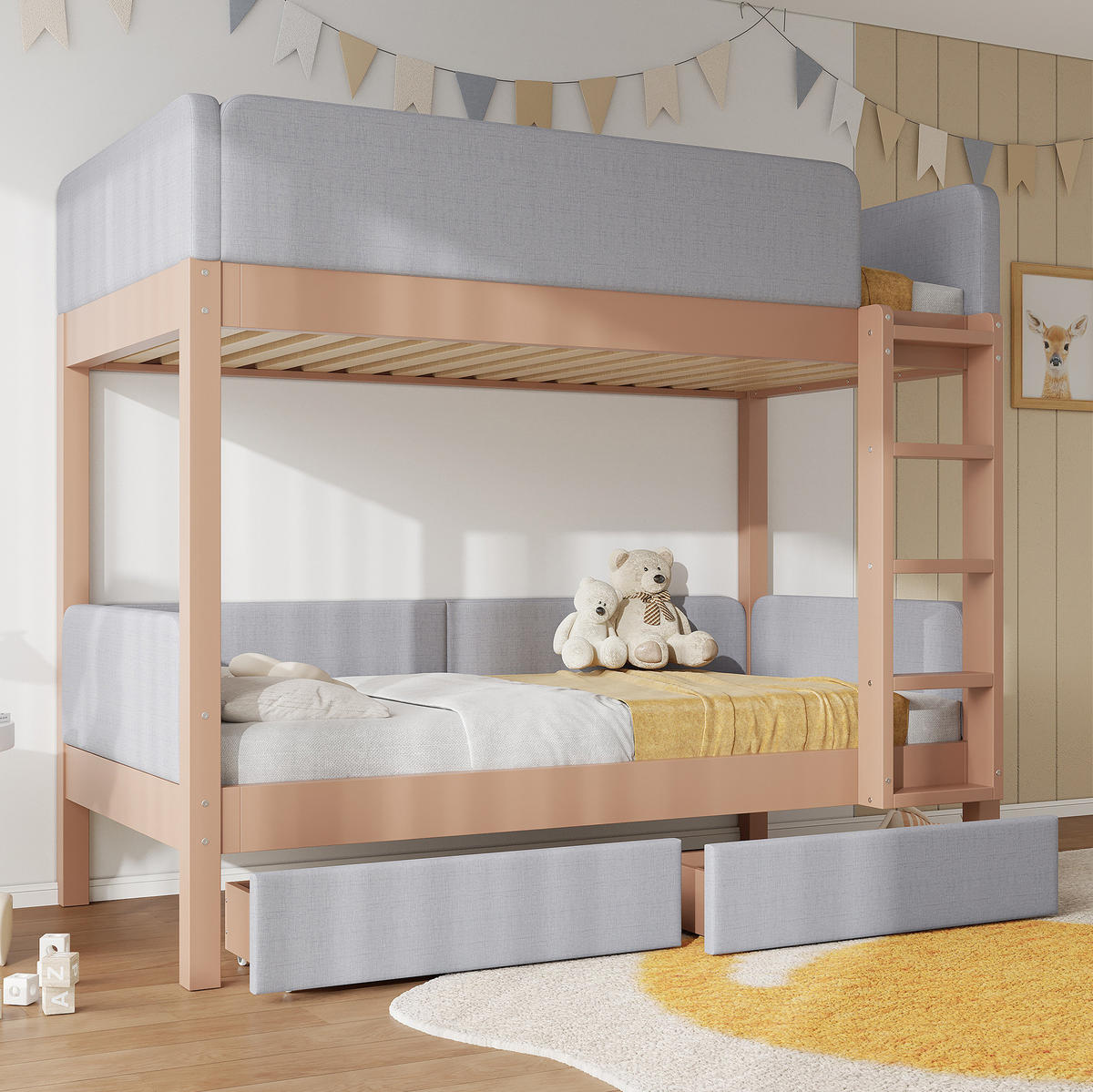 ETAGENBETT aus Kautschukholz und MDF 90x200 cm Grau/Natur mit Treppe und 2 Schubladen - Grau, Holzwerkstoff (90/200cm) - IVMEU