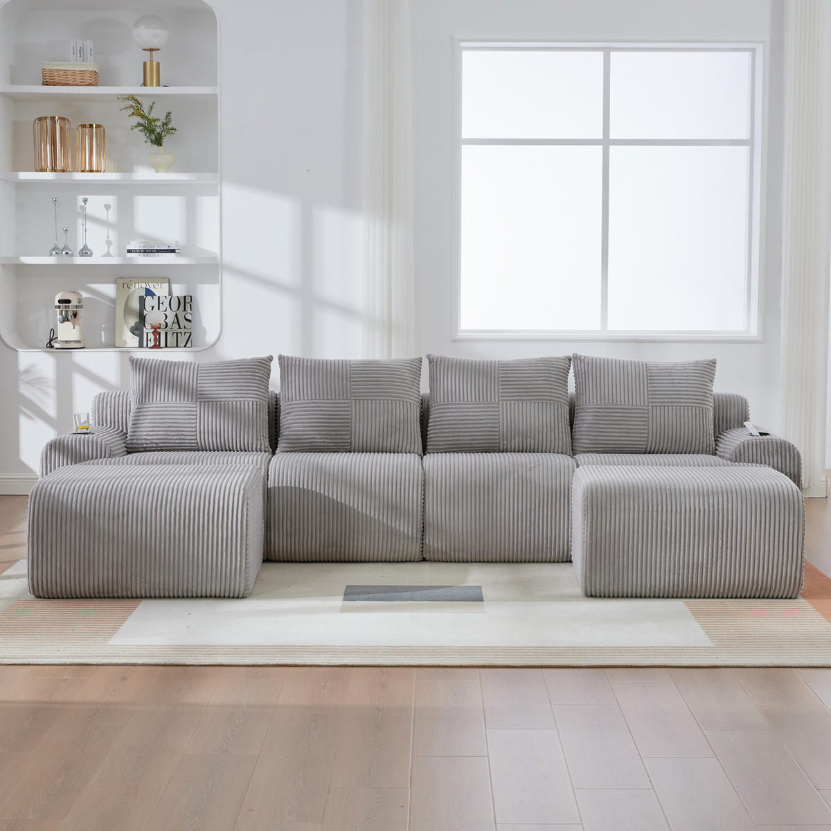 4-SITZER Wohnlandschaft Cord mit 2 Hockern und Getränkehalter 333/174/80 cm Hellgrau - Hellgrau, Textil (174/80/333cm) - Redom
