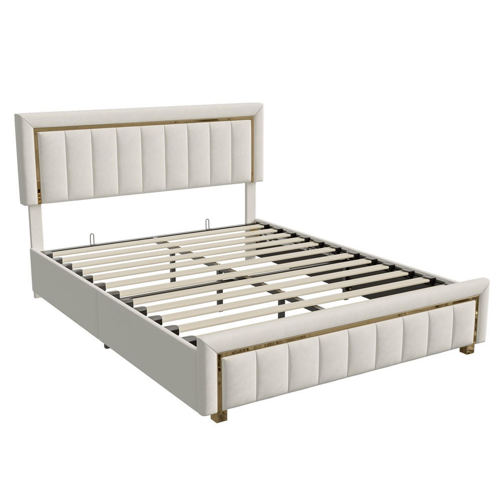 POLSTERBETT 160x200 cm - mit vertikal gestepptem Kopfteil und hydraulischem Bettkasten - ohne Matratze - Beige, Textil (160/200cm) - DELFA