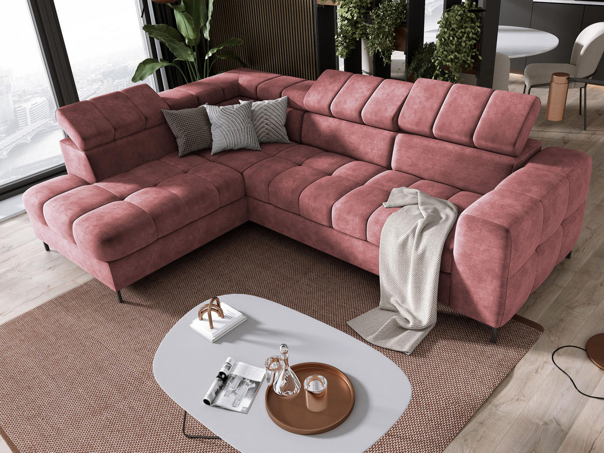 ECKSOFA PABLO CLOUD L‑förmig mit Bett, Bettkasten, verstellbaren Kopfstützen, weichen Metallfüßen, freistehend, LINKS, 201x270x97 cm Pink - Pink, Holz/Textil (201/270cm) - DomoHome