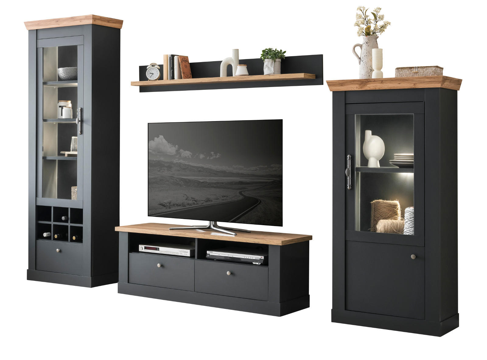WOHNWAND 4-teilig grau, Eiche Wotan, Landhaus 299 x 201 cm, Wohnkombination mit Soft-Close - Silberfarben/Eiche Wotan, Glas/Holzwerkstoff (299/201/45cm) - Furn.Design