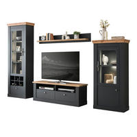 WOHNWAND 4-teilig grau, Eiche Wotan, Landhaus 299 x 201 cm, Wohnkombination mit Soft-Close - Silberfarben/Eiche Wotan, Glas/Holzwerkstoff (299/201/45cm) - Furn.Design