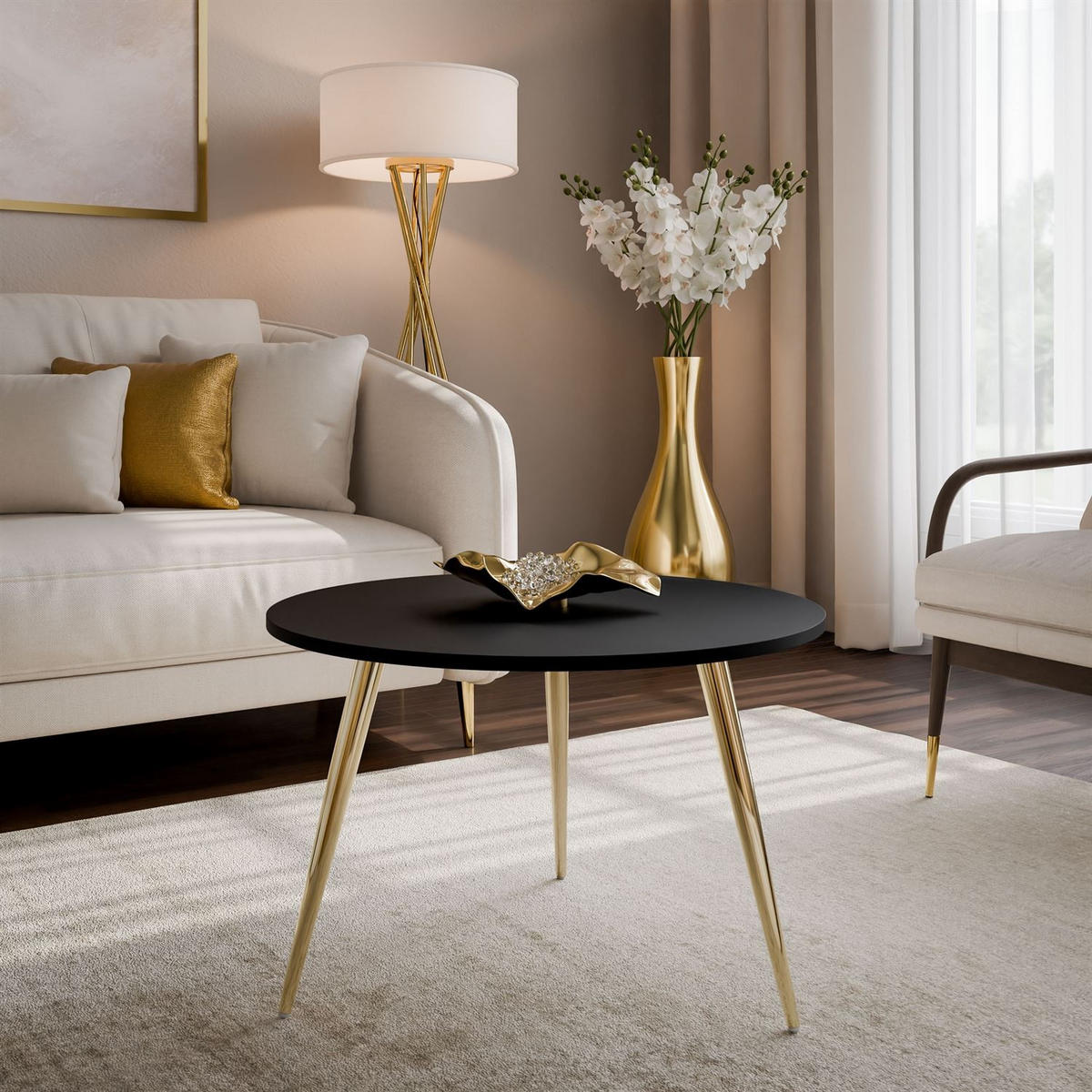 COUCHTISCH SOLEIL II, rund, mattschwarz, auf goldenen Beinen - Schwarz, Holzwerkstoff (60/60/47cm) - Lookway