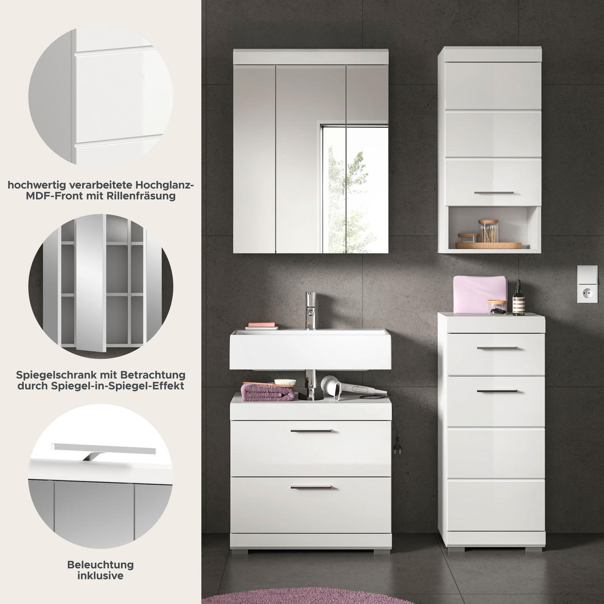 BADKOMBINATION 4tlg. Scout Bad in weiß Nachbildung und weiß hochglanz B/H/T: 112x191x34 cm - Weiß, Holz (112/191/34cm)