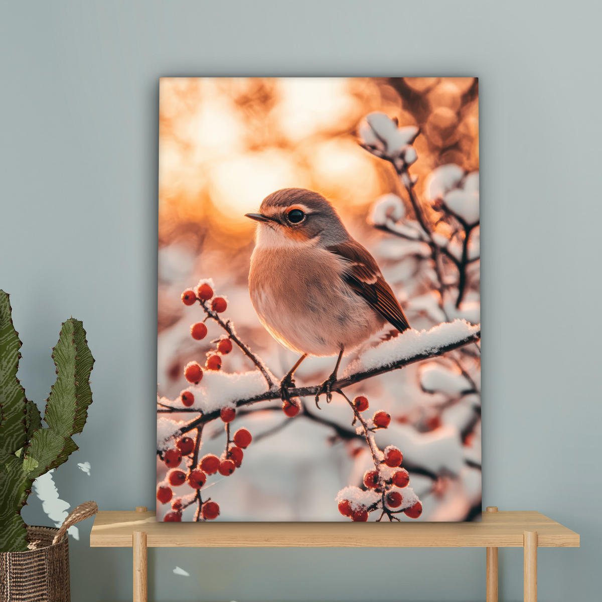 LEINWANDBILD Vogel - Zweig - Winter - Tiere - Schnee Wandbild Wohnzimmer 60x80 cm - Bernsteinfarben, Textil (60/80cm) - MuchoWow