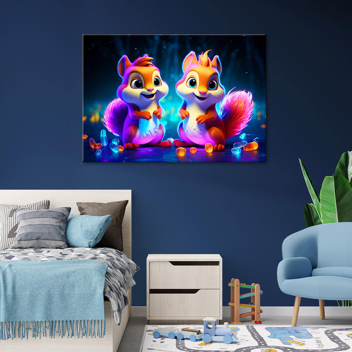 WANDBILD cartoon eichhörnchen neon - Multicolor, Textil (60/40cm) - Feeby