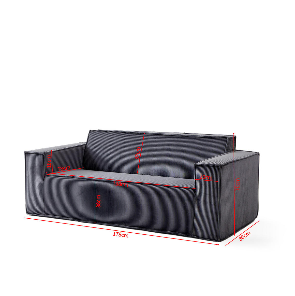 SOFA 2-Sitzer mit 65 cm Sitztiefe Cord Grau - Grau, Kunststoff (178/70/86cm) - Meubliv