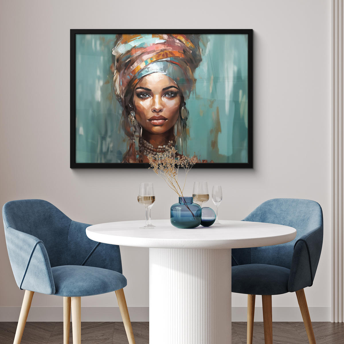 ZARÁMOVANÝ PLAGÁT Žena - Umenie - Šperky - Portrét 80x60 cm - modrosivá, papier (80/60cm) - MuchoWow