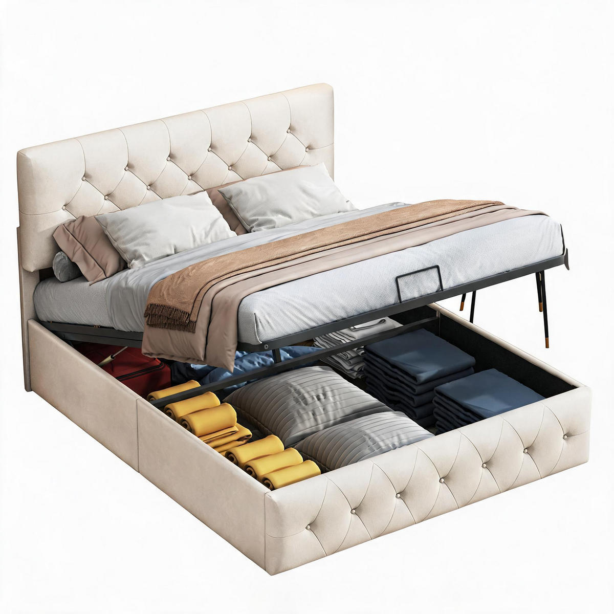 POLSTERBETT 140x200 cm mit Bettkasten und Hydraulik, Doppelbett mit Lattenrost und Kopfteil, Bett 140x200, Samtstoff, Beige - Beige, Textil/Metall (140/200cm) - GENKI LIVING