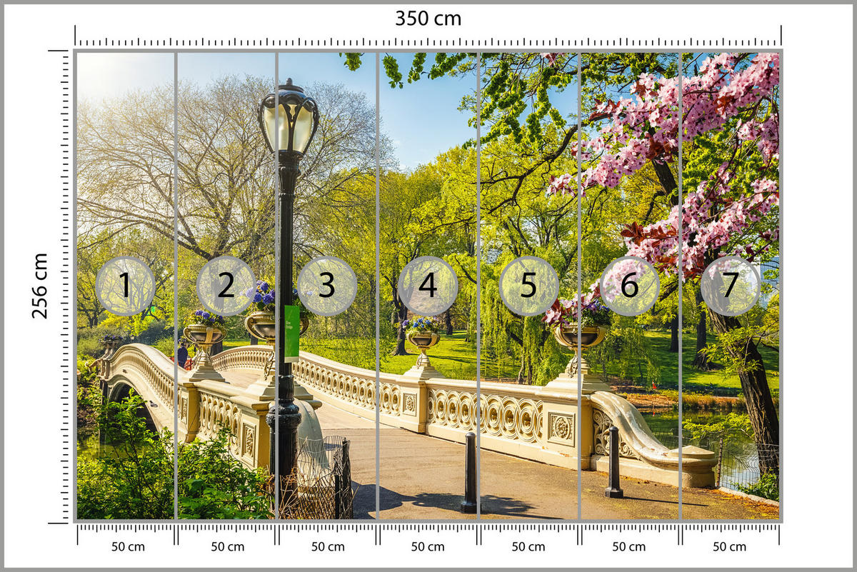 FOTOTAPETE für Wohnzimmer Historische Brücke Park Bäume Blumen 350x256 - Gelb/Beige, Papier (350/256cm) - Muralo