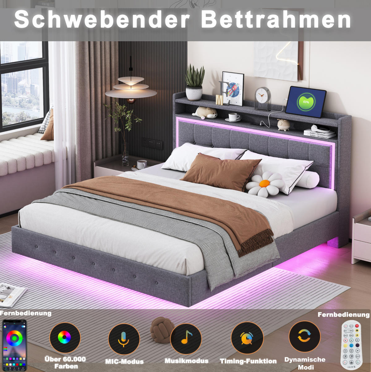 POLSTERBETT 140/200 cm grau aus Stoff mit USB-Steckdose und LED - Grau, Textil (140/200cm) - OKMYHOME