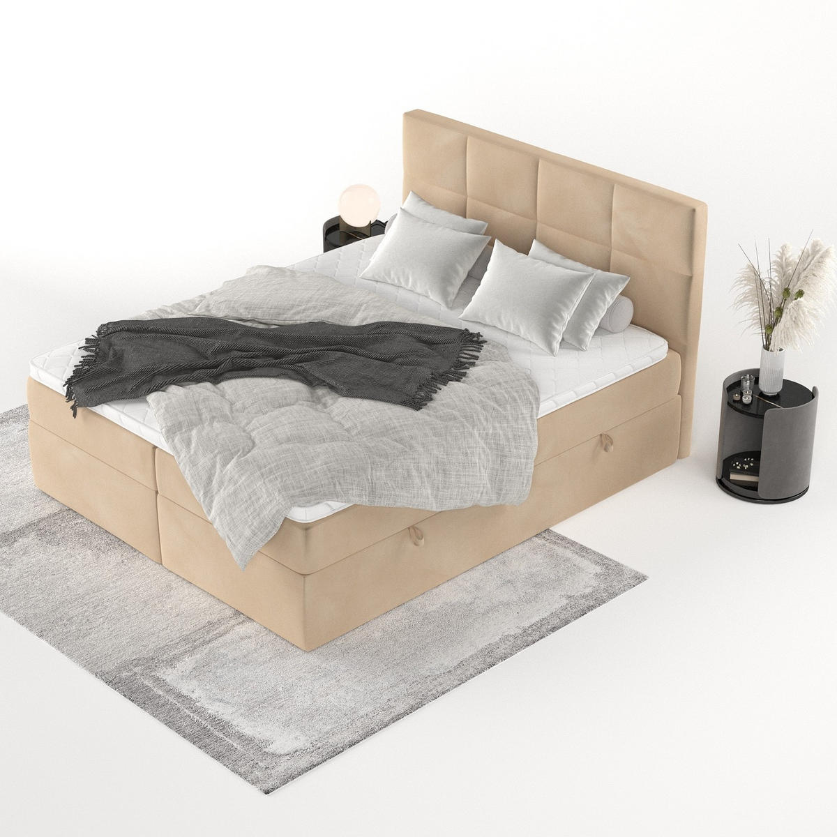 BOXBETT Oris 140/200 cm Beige im Kronos Stoff - Beige/Schwarz, Holz/Holzwerkstoff (140/200cm) - AltaBeds