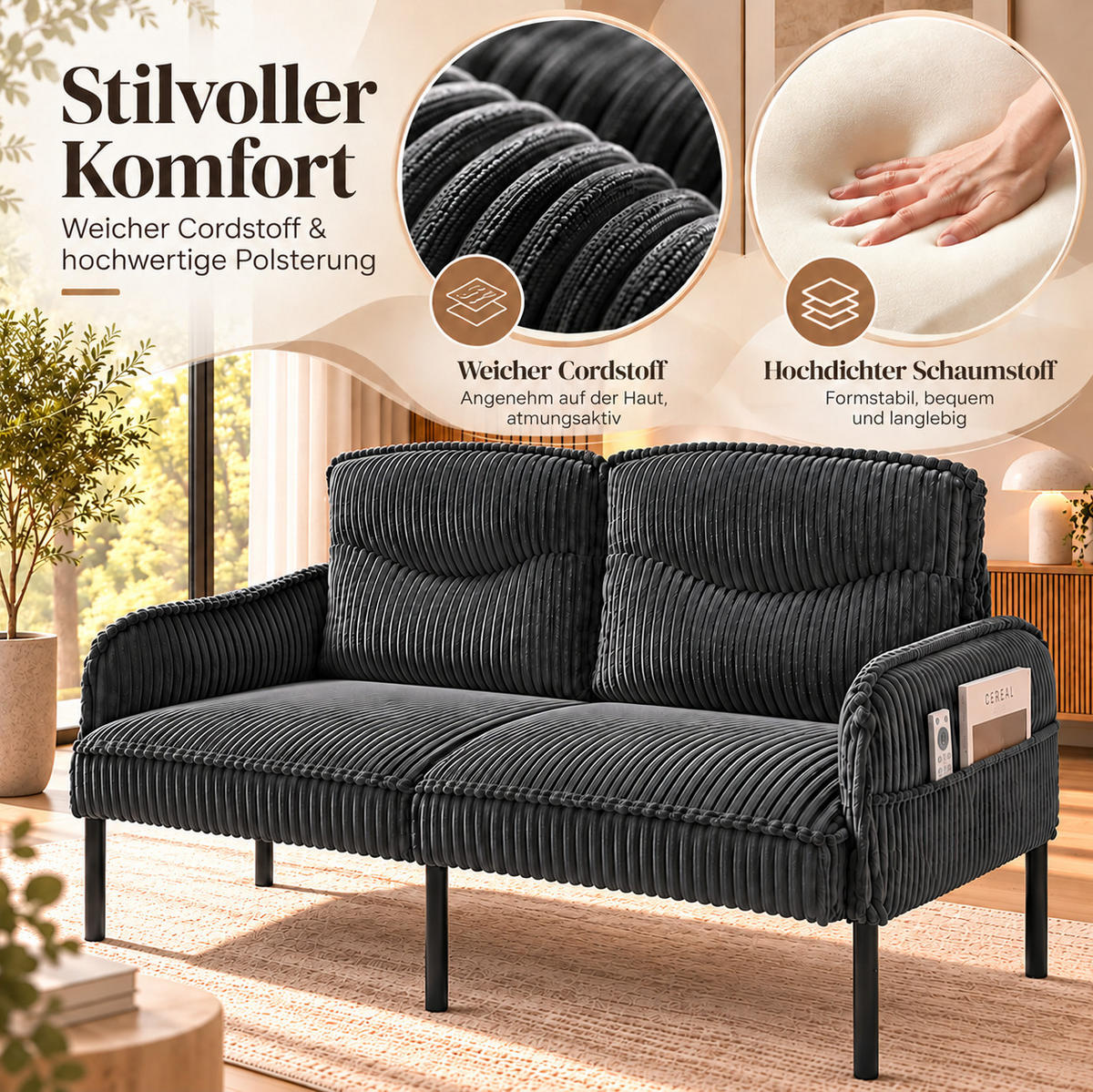 2-SITZER Sofa 122/73/83 cm Cordstoff mit Seitentaschen und Metallbeinen Grau - Schwarz/Grau, Textil/Metall (73/83/122cm) - Redom
