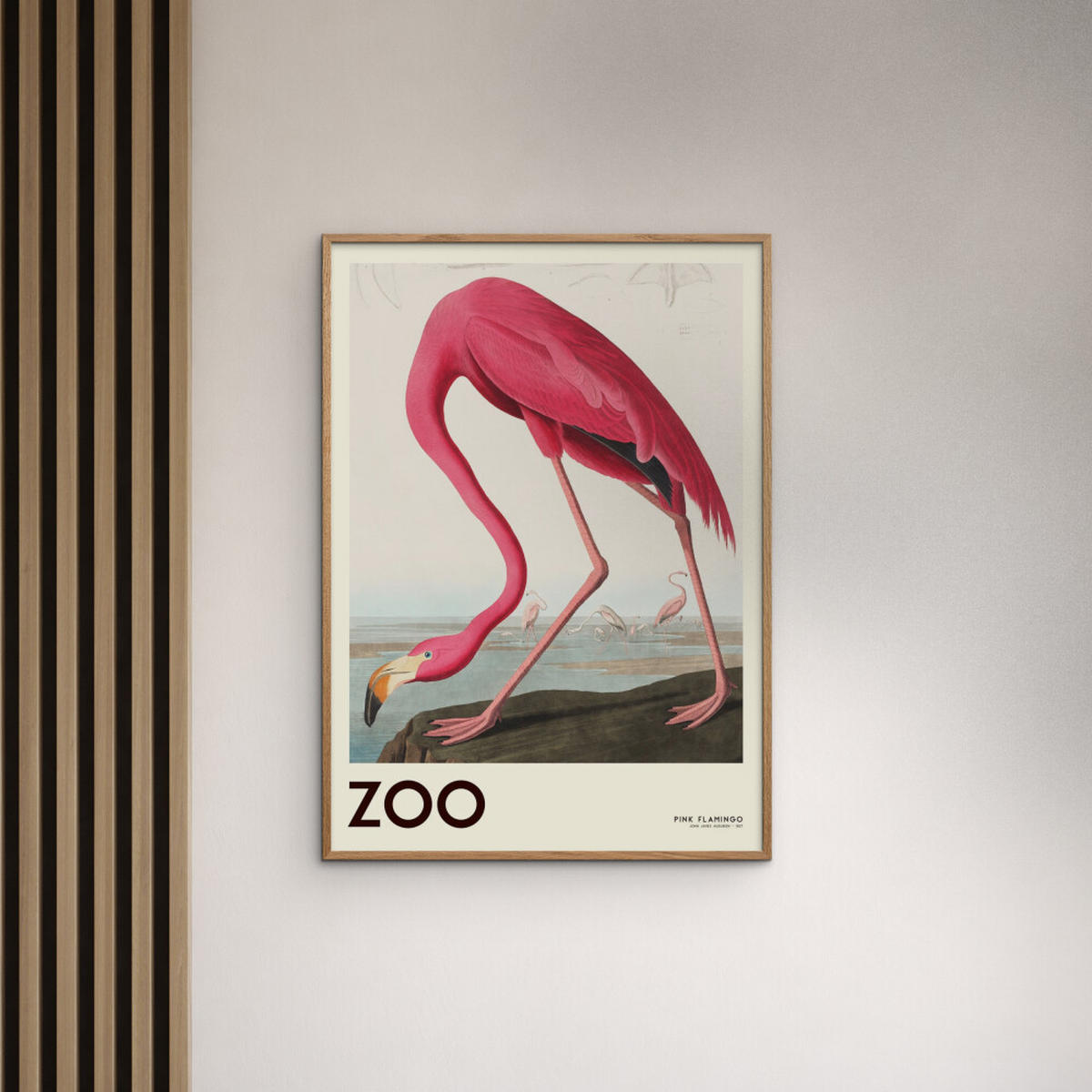 POSTER mit Rahmen A.P. Atelier - The Zoo Collection — Pink Flamingo — Edt. 001 - Pink/Eichefarben, Holz/Papier (50/70cm) - Poster&Frame