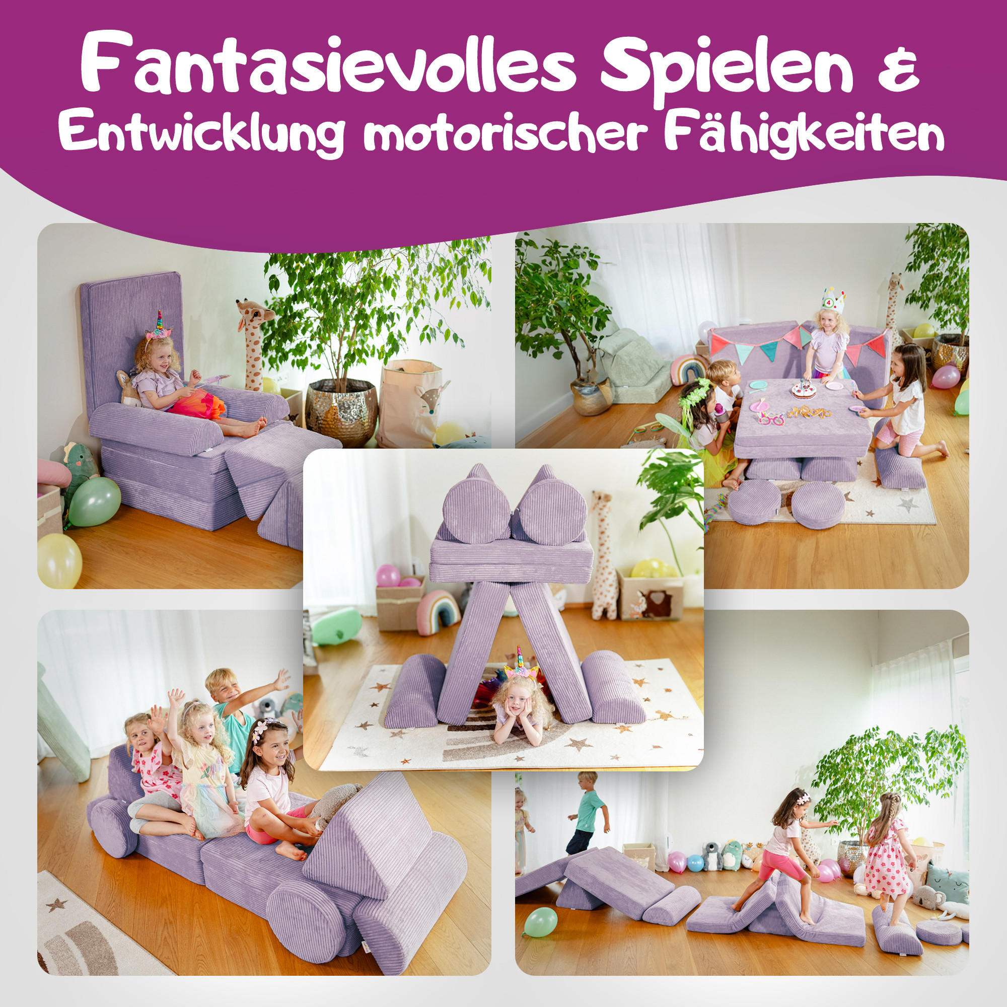 SPIELSOFA Kinder Fantasiewelt 8tlg - Lila, Textil (150/55/66cm) - Linodino