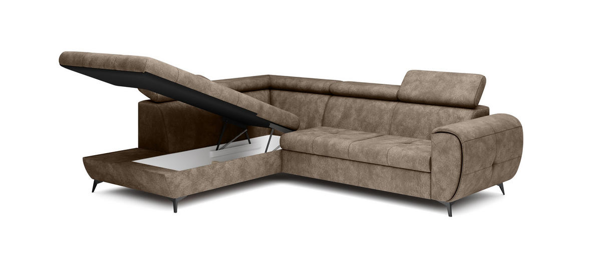 ECKSOFA MAGIA L-S Braun Plüsch-Stoff mit Schlaffunktion - Braun, Holz (260/217cm) - MASSENO