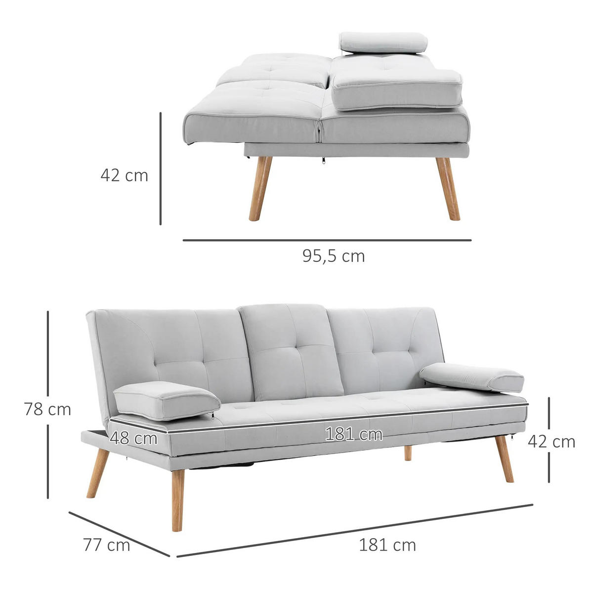 SCHLAFSOFA Polyester mit klappbarer Mittelablage, 3-fach verstellbarer Lehne 181/77/78 cm Hellgrau - Hellgrau, Textil (77/78/181cm) - Redom