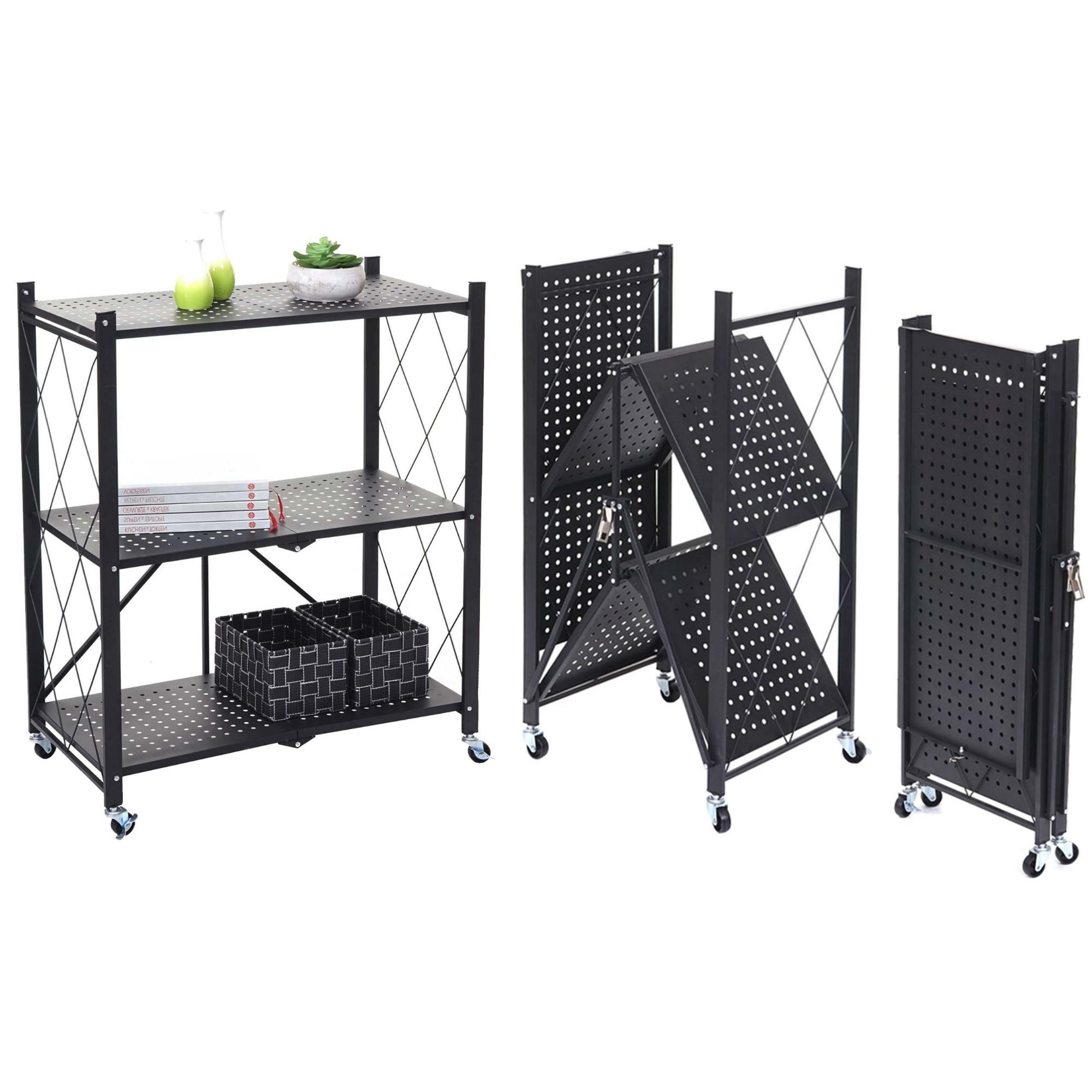 KLAPPREGAL auf Rollen 3 Fachböden Belastbarkeit 150kg 87x72x34 cm Schwarz - Schwarz, Metall (72/87/34cm) - PROREGAL