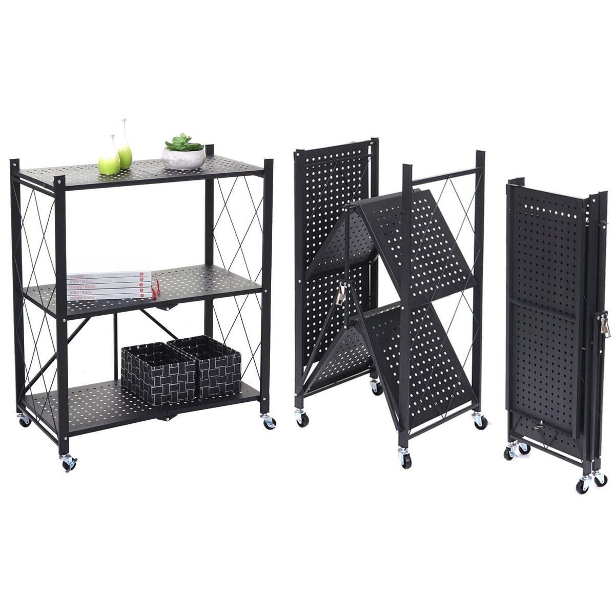 KLAPPREGAL auf Rollen 3 Fachböden Belastbarkeit 150kg 87x72x34 cm Schwarz - Schwarz, Metall (72/87/34cm) - PROREGAL