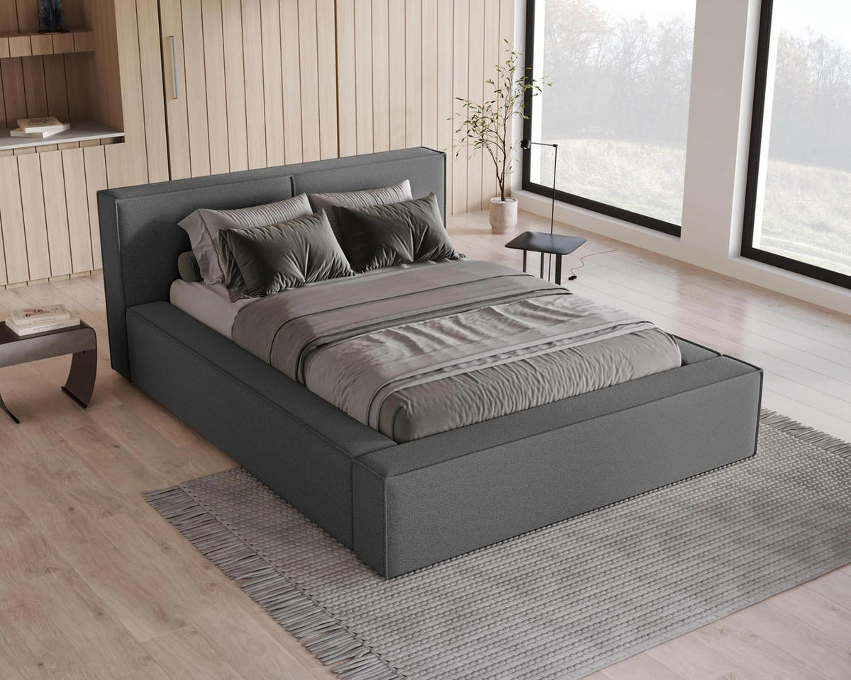 POLSTERBETT Lugano 140x200 cm mit Bettkasten und elegantem Kopfteil - Bouclé Dunkelgrau - Dunkelgrau, Holz/Textil (140/200cm) - Chilly