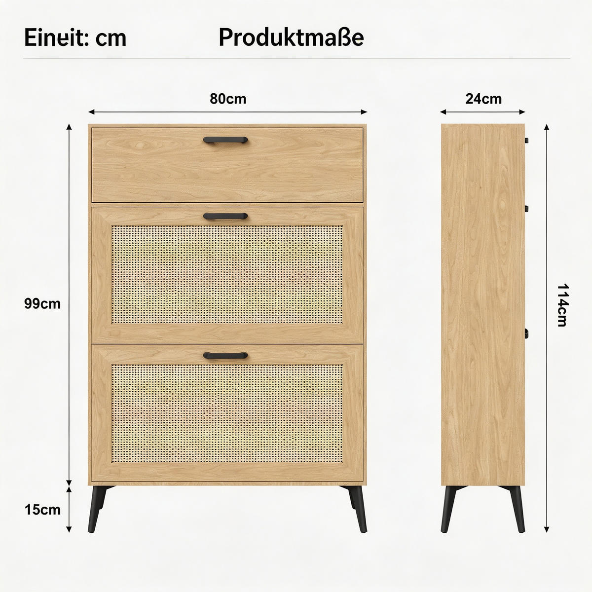 SCHUHSCHRANK, Aufbewahrungsschrank für 12 Paar Schuhe, kompakter Flurschrank aus MDF, 80 x 24 x 114 cm, helles Holz - Hellbraun/Schwarz, Holzwerkstoff/Metall (24/114/80cm) - GENKI LIVING