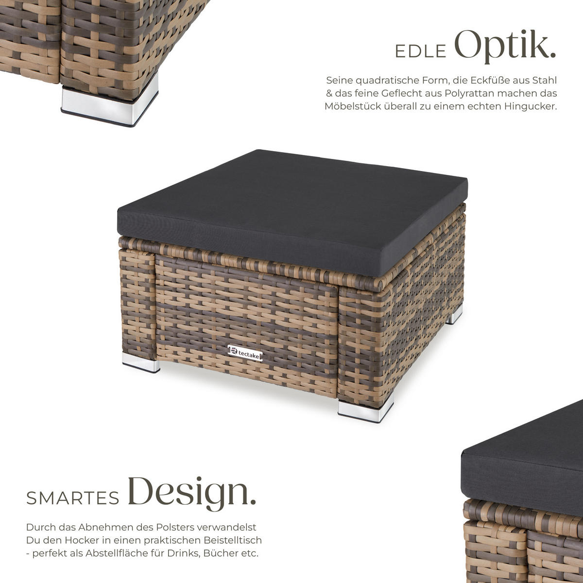 RATTAN-SITZHOCKER Bitonto,53 x 53 x 26 cm,natur - Naturfarben, Kunststoff (53/26/53cm) - tectake