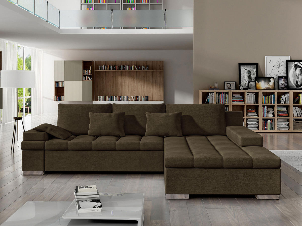 ECKSOFA Bangkok, Seite: Rechts - Dunkelbraun/Silberfarben, Holz/Textil (310/175cm) - MIRJAN24