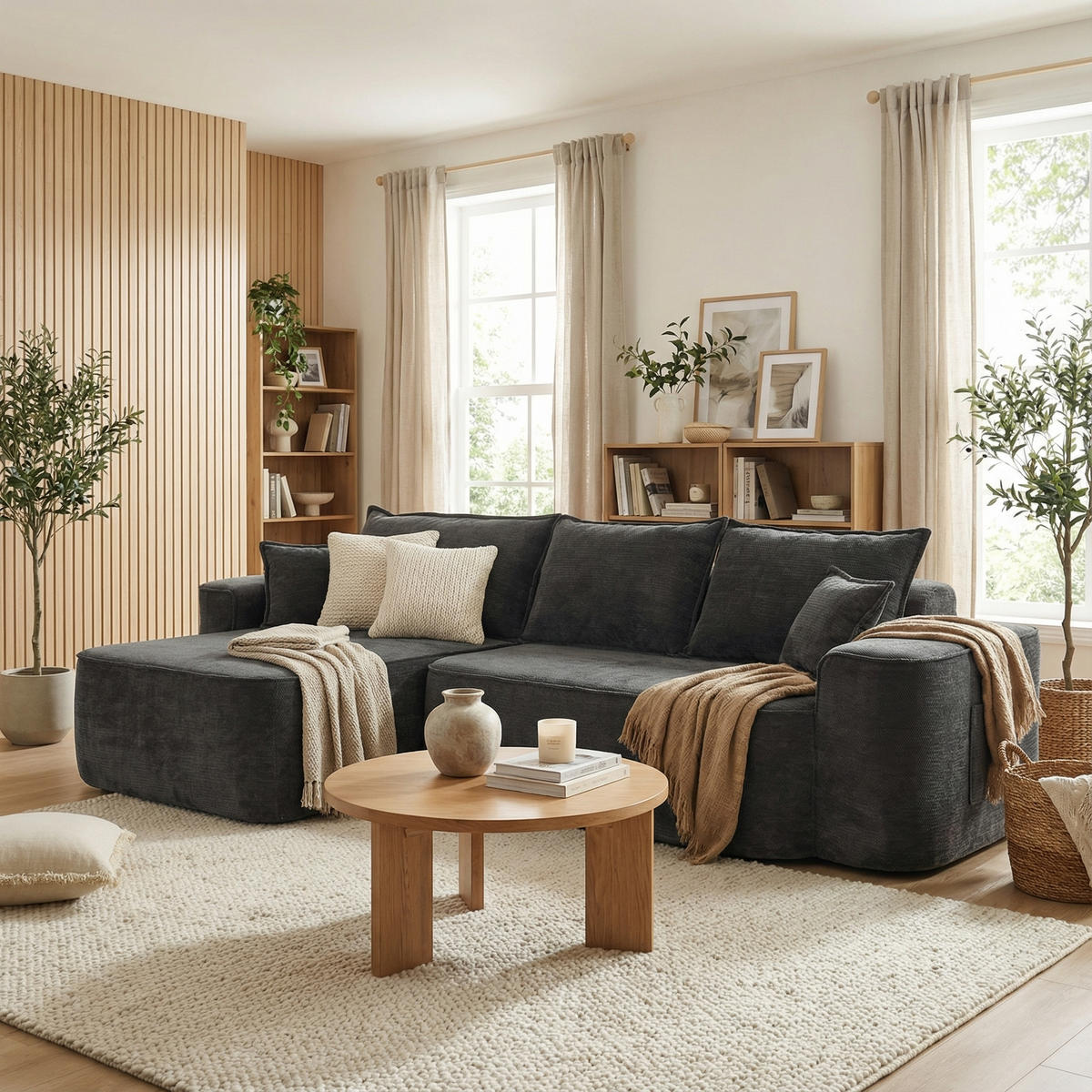 ECKSOFA Modulares L-Form in Chenille Montagefrei - Dunkelgrau, Textil (262/144cm) - Urban Meuble